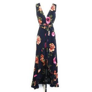 Windsor Navy Blue Moody Floral High Low V-neck Maxi Dress Size M